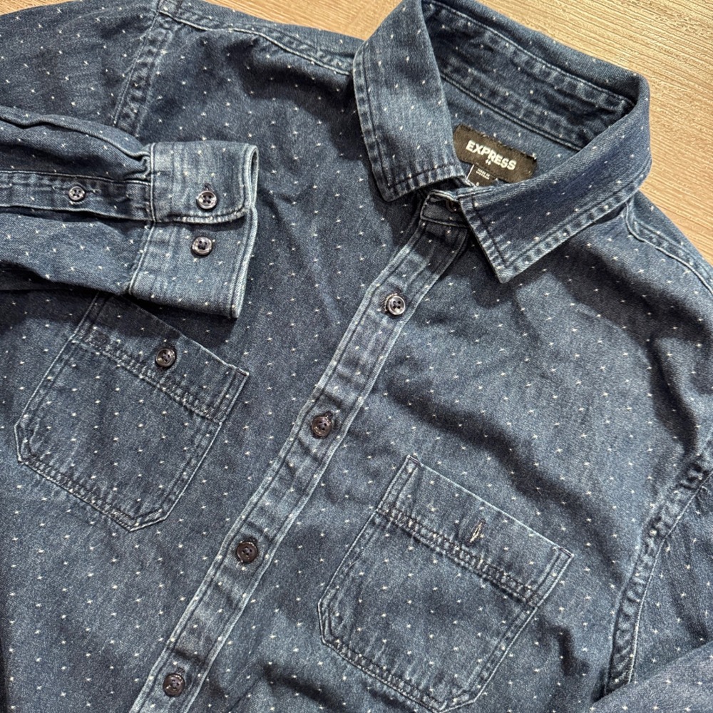Express Shirt Mens S Blue Polka Dot Cotton Denim Casual Western Workwear Rodeo